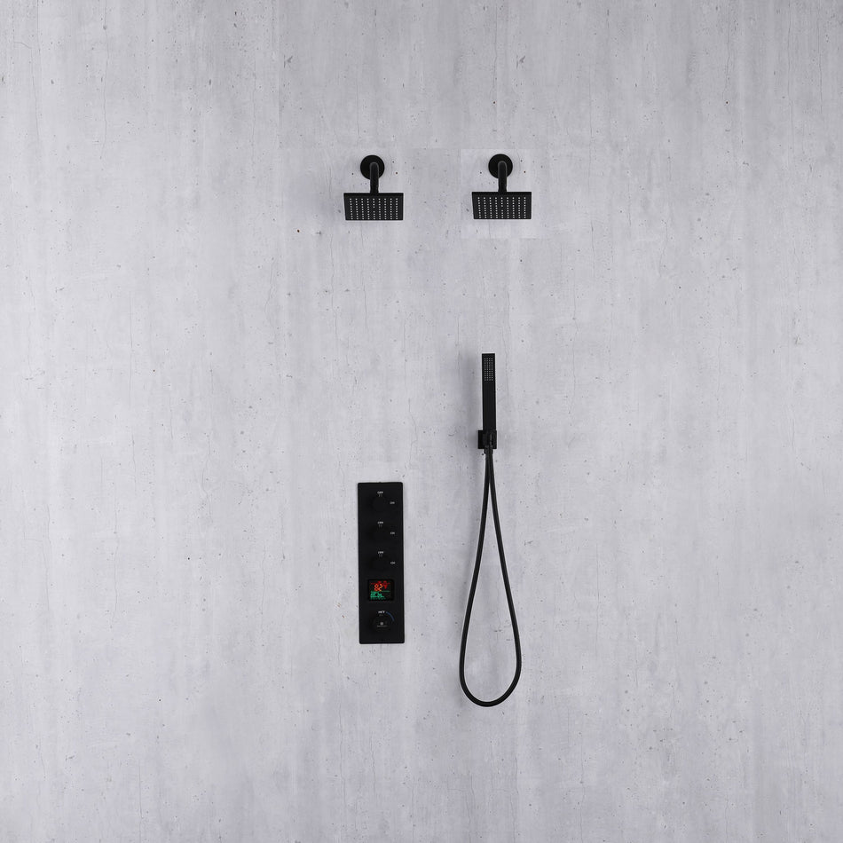 Matte Black wall mounted dual regular shower head 3 way thermostatic shower faucet