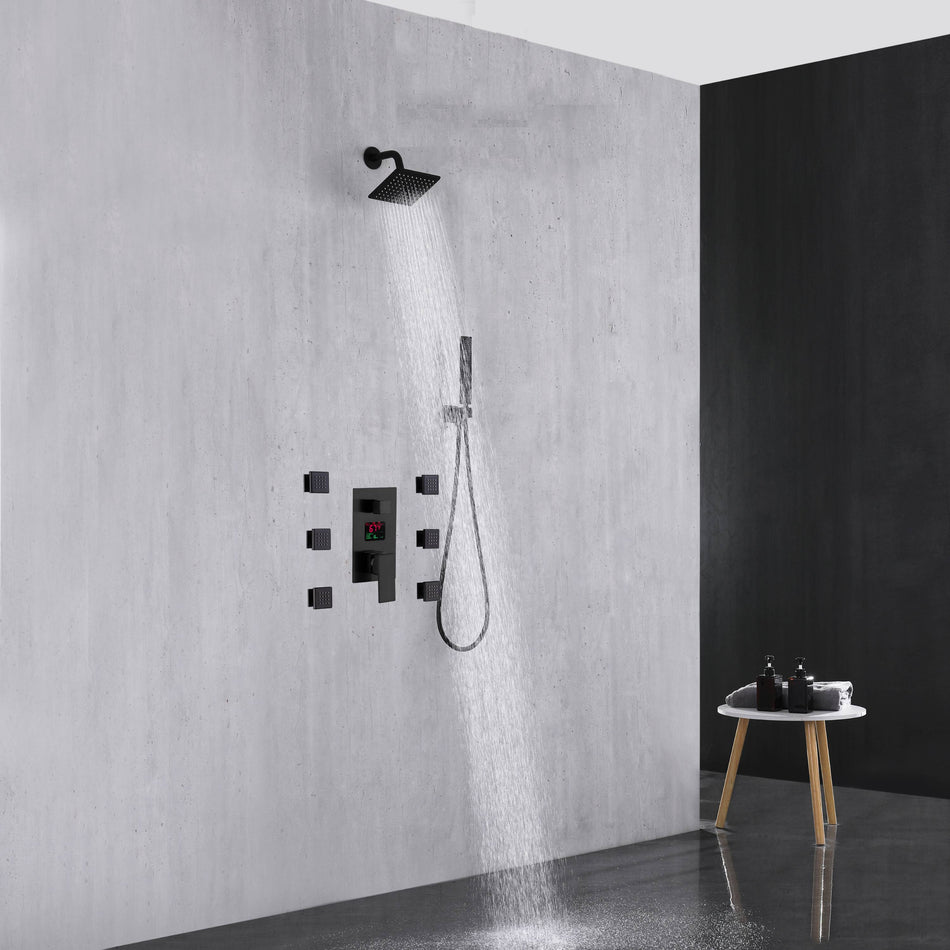 Matte Black 6'' Regular Showers with 3-Way Anti-Scald Digital Display Valve, Trim, and 6 Body Jets