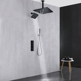 Matte Black 3-Way Thermostatic Ceiling Mount Shower System - With High Pressure 6-inch Wall Mount Shower Head and Choice of 12 or 16-inch Rainfall LED or Non-LED Shower Head