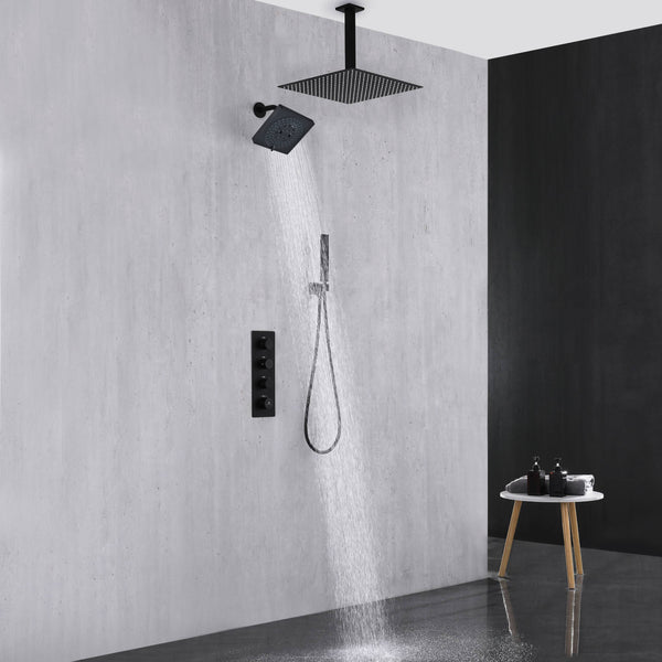 Matte Black 23x15-Inch LED Music Shower Head with 4-Way Thermostatic S–  wonderland shower inc