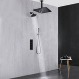 Matte Black 3-Way Thermostatic Ceiling Mount Shower System - With High Pressure 6-inch Wall Mount Shower Head and Choice of 12 or 16-inch Rainfall LED or Non-LED Shower Head