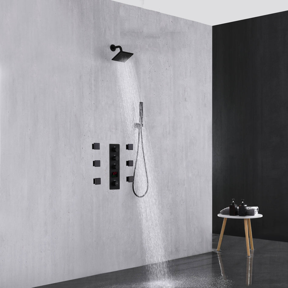 Matte Black wall mount 6'' regular head 3-Way Thermostatic Shower System - With High Pressure body jets