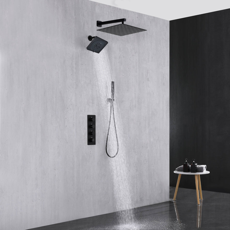 Matte Black 3-Way Thermostatic Wall Mount Shower System - With High Pressure 6-inch Wall Mount Shower Head and Choice of 12 or 16-inch Rainfall Head