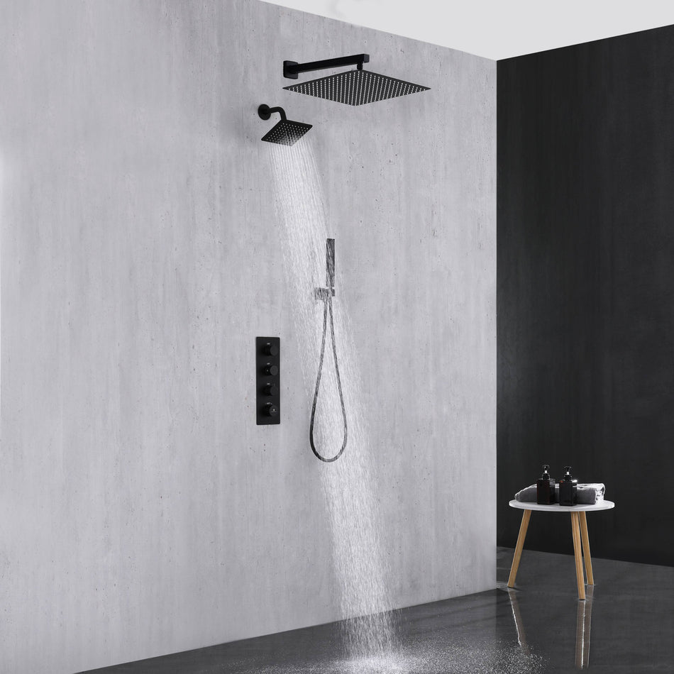 Matte Black 3-Way Thermostatic Wall Mount Shower System - With High Pressure 6-inch Wall Mount Shower Head and Choice of 12 or 16-inch Rainfall Head
