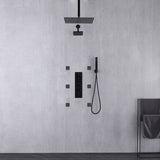 Matte Black ceiling mount 12 inch or 16 inch rainfall shower head wall mount 6 inch high water pressure regular shower head 4 way thermostatic shower faucet with 2 inch body jets