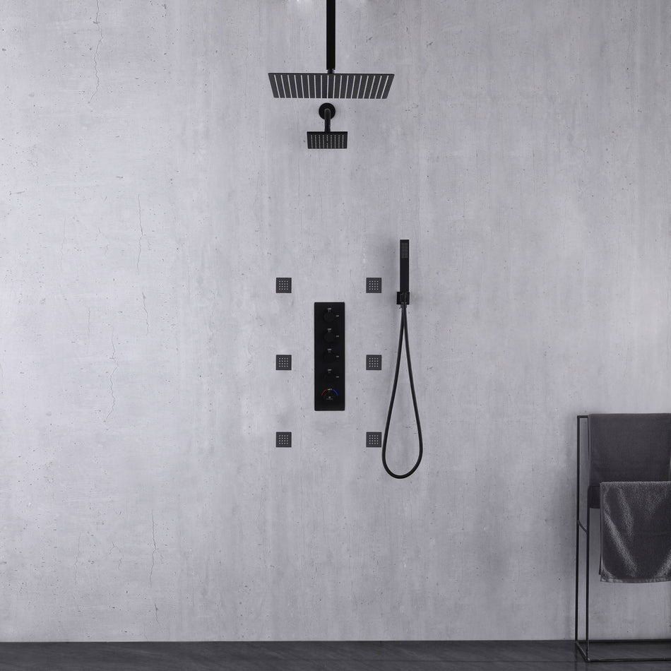 Matte Black ceiling mount 12 inch or 16 inch rainfall shower head wall mount 6 inch high water pressure regular shower head 4 way thermostatic shower faucet with 2 inch body jets