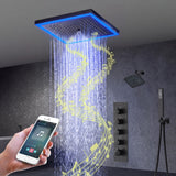 Matte Black 12-Inch Flush-Mount Shower Faucet Set: 4-Way Thermostatic Control, 64-Color LED Lights, Bluetooth Music, Regular Head - Available With or Without Digital Display