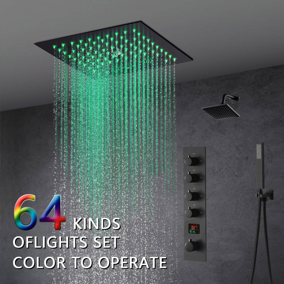 Matte Black 12-Inch Flush-Mount Shower Faucet Set: 4-Way Thermostatic Control, 64-Color LED Lights, Bluetooth Music, Regular Head - Available With or Without Digital Display
