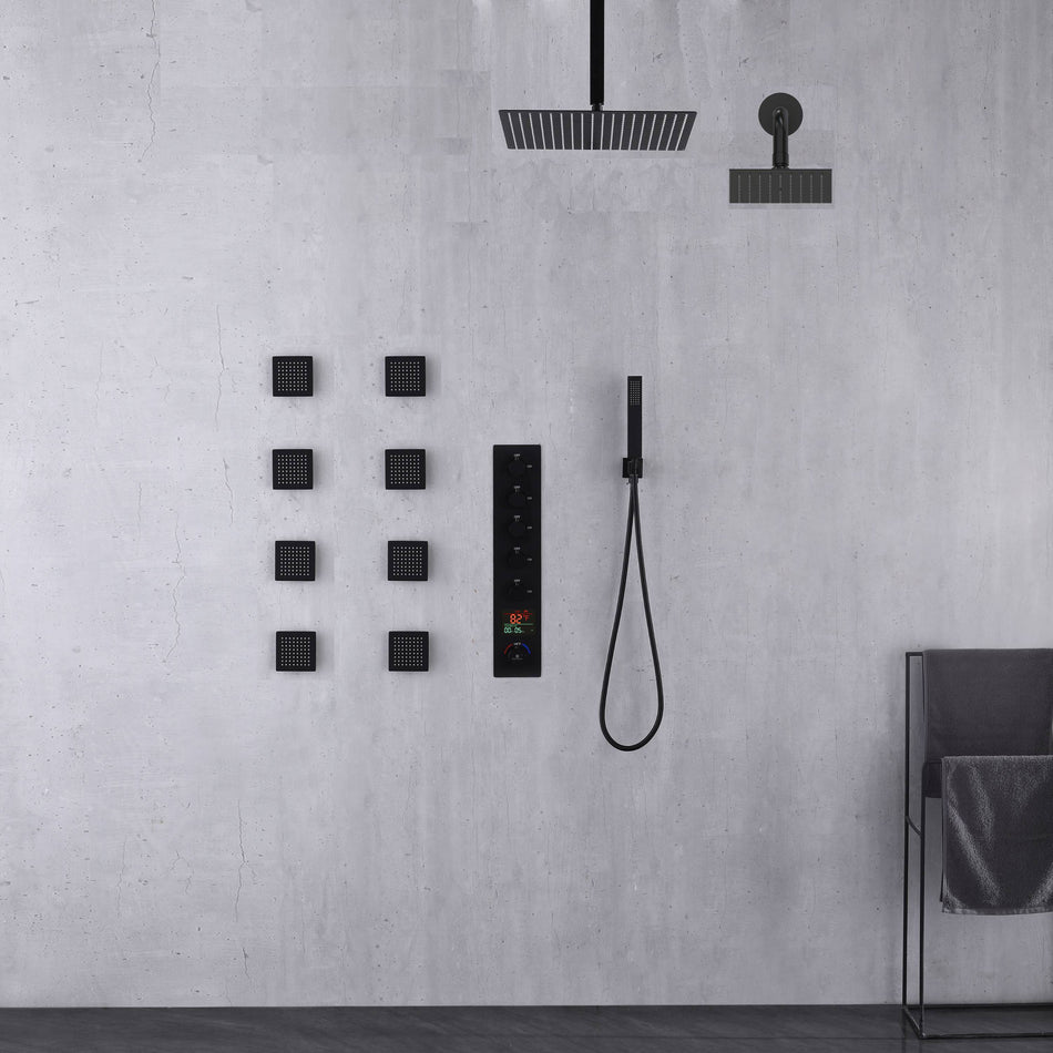 Matte Black Or Brushed nickel or Brushed Gold Rainfall Shower System: 12" or 16" with 5-Way Thermostatic Valve, Body Jets