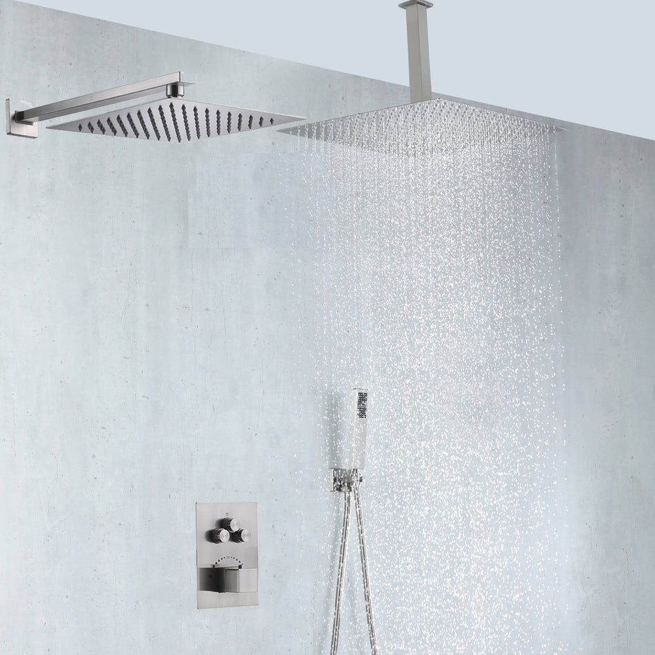 Brushed Nickel Dual 12'' or 16'' Rain Shower Head 3-Way Thermostatic Shower System