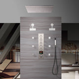 Brushed Nickel Ceiling-Mount 5-Way Thermostatic Shower Faucet: Featuring Digital Display, 6 Body Jets, Wall-Mounted 6-Inch Regular Shower Head, and an Optional 20-Inch LED Rain Head