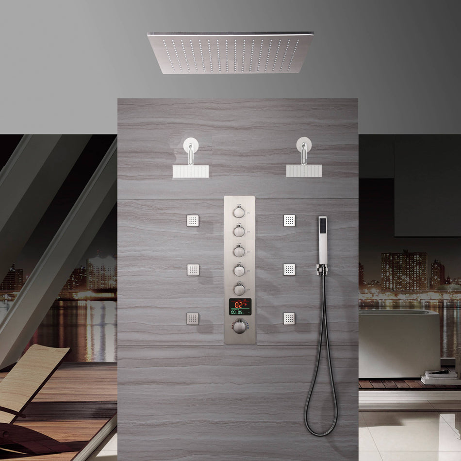 Brushed Nickel Ceiling-Mount 5-Way Thermostatic Shower Faucet: Featuring Digital Display, 6 Body Jets, Wall-Mounted 6-Inch Regular Shower Head, and an Optional 20-Inch LED Rain Head