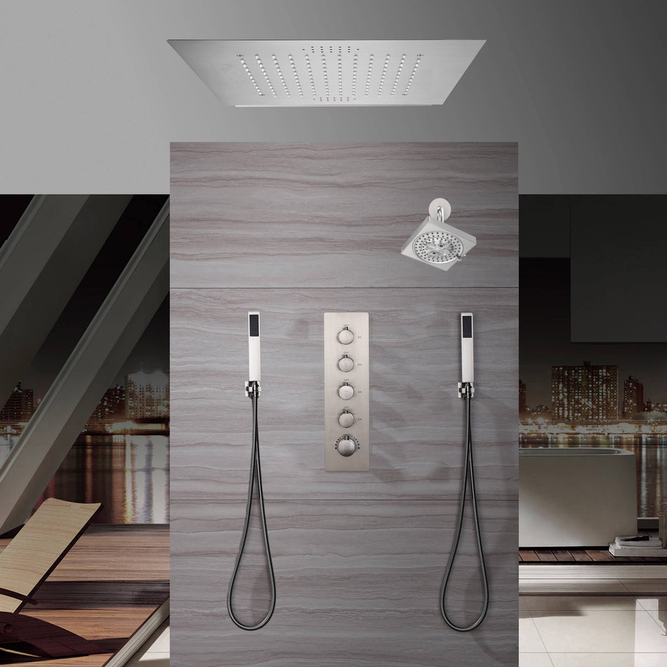20" Brushed Nickel Rainfall Shower System: Ceiling/Flush-Mounted, Thermostatic Shower Faucet,  6" Regular Head