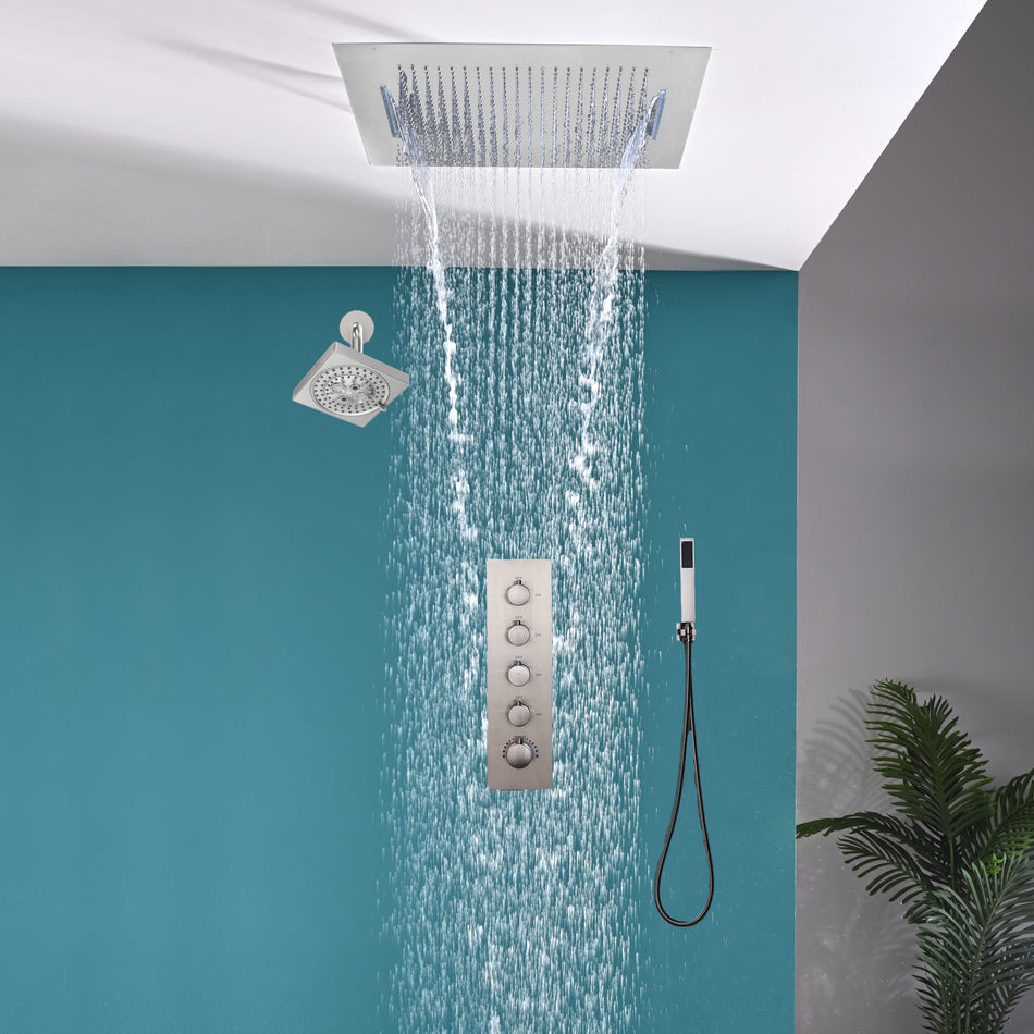 20inch Brushed nickel ceiling mount rainfall waterfall shower systems 4 way thermostatic valve with 6 inch regular head