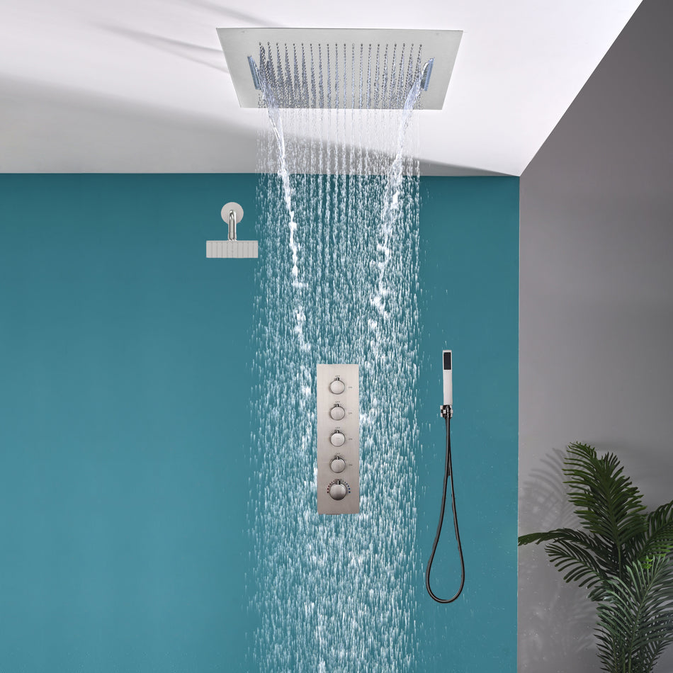 20inch Brushed nickel ceiling mount rainfall waterfall shower systems 4 way thermostatic valve with 6 inch regular head