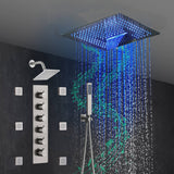 16-Inch Brushed Gold or brushed nickel or matte black Flush Mount rainfall waterfall Shower Faucet Set: 5-Way Thermostatic Control, 64-Color LED Lights, Bluetooth Music, and Regular Head, 6 Body jets