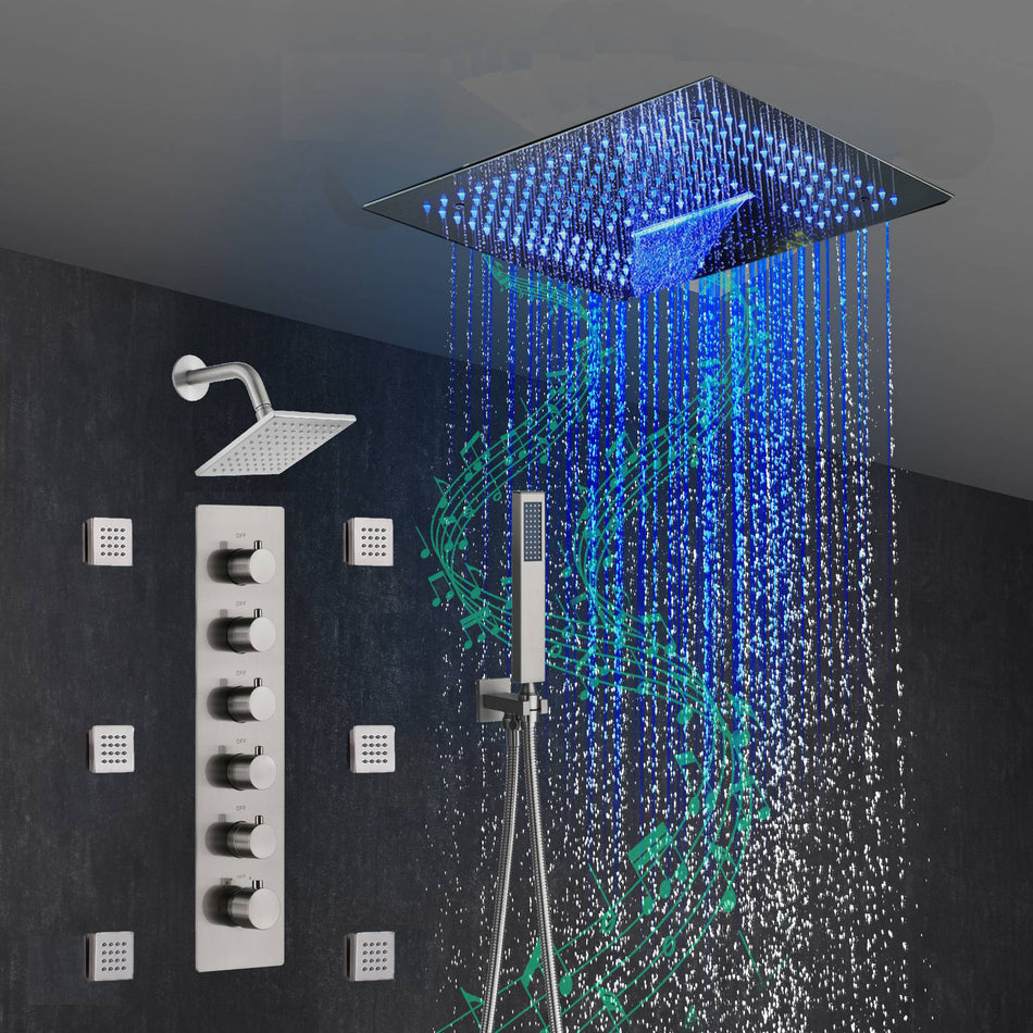 16-Inch Brushed Gold or brushed nickel or matte black Flush Mount rainfall waterfall Shower Faucet Set: 5-Way Thermostatic Control, 64-Color LED Lights, Bluetooth Music, and Regular Head, 6 Body jets
