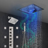 16-Inch Brushed Gold or brushed nickel or matte black Flush Mount rainfall waterfall Shower Faucet Set: 5-Way Thermostatic Control, 64-Color LED Lights, Bluetooth Music, and Regular Head, 6 Body jets