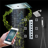 64 LED colors music led flushed in 24x12 inch 3 functions shower head 6 way thermostatic shower faucet with rotate-water massage body jets,4 finish colors options
