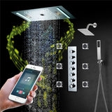 64 LED colors music led flushed in 24x12 inch 3 functions shower head 6 way thermostatic shower faucet with rotate-water massage body jets,4 finish colors options