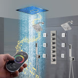 16" Brushed Nickel rainfall waterfall mist 64 led light music flush mount shower head 6 wayThermostatic Shower Faucets