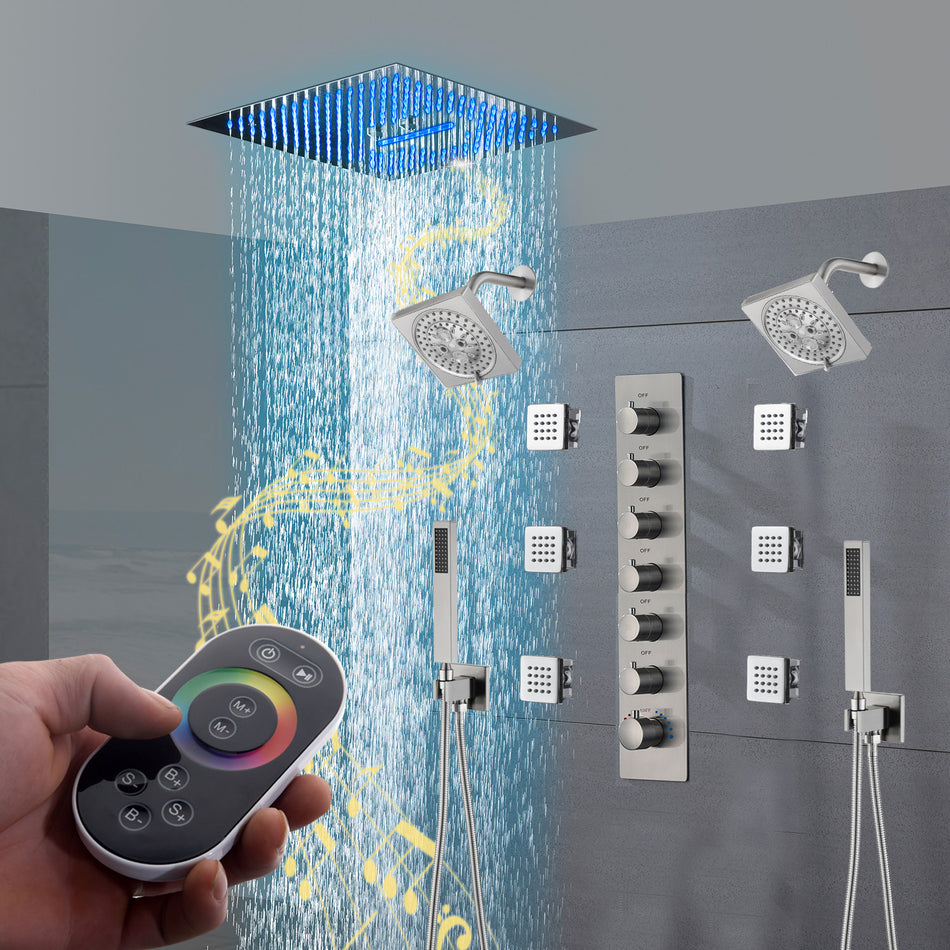 16" Brushed Nickel rainfall waterfall mist 64 led light music flush mount shower head 6 wayThermostatic Shower Faucets