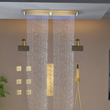 Flush Mount 32 x 8 inch Rainfall 64 LED Light Shower Head with 6-Way Thermostatic Faucet and High-Pressure Dual Regular Heads,6 body jets