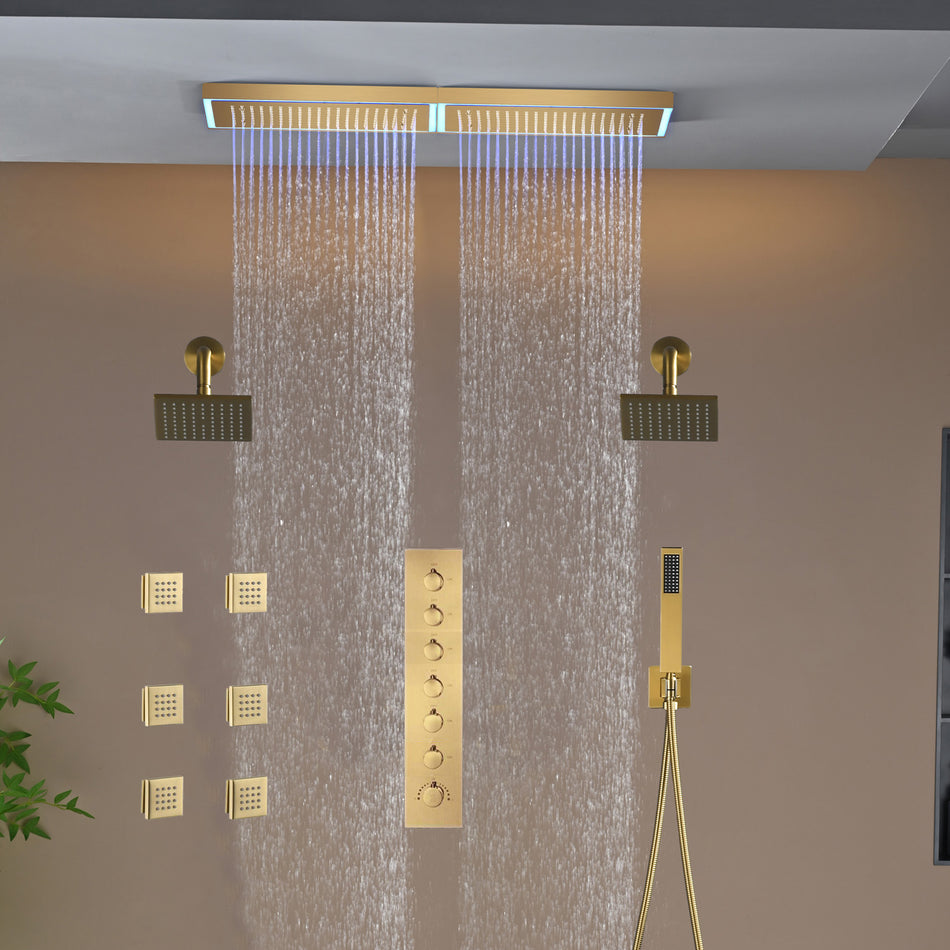Flush Mount 32 x 8 inch Rainfall 64 LED Light Shower Head with 6-Way Thermostatic Faucet and High-Pressure Dual Regular Heads,6 body jets