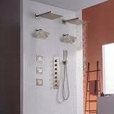 matte black or brushed gold or brushed nickel dual rainfall head 6 way  shower faucet with dual 6'' regular heads and 4'' body jets