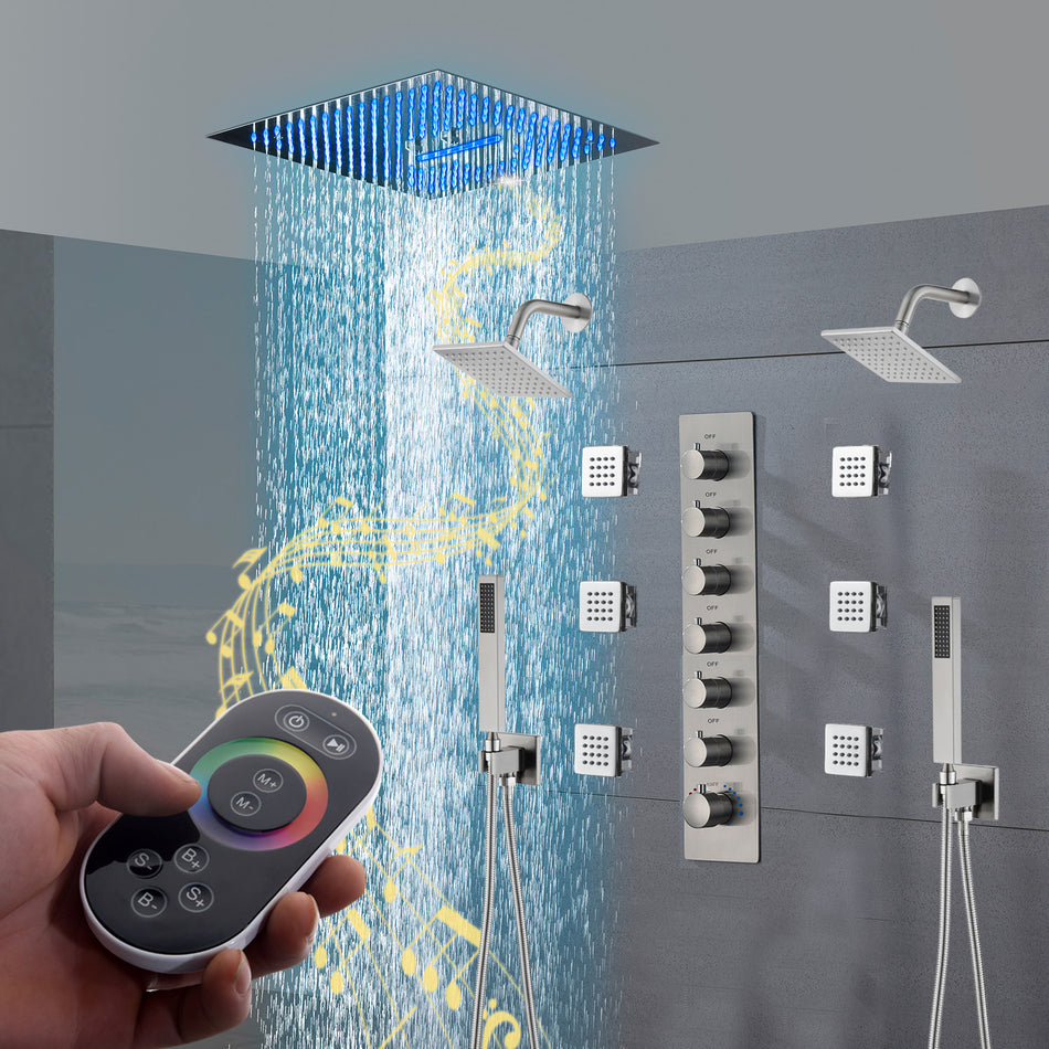 16" Brushed Nickel rainfall waterfall mist 64 led light music flush mount shower head 6 wayThermostatic Shower Faucets