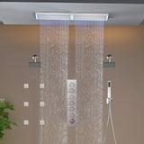Flush Mount 32 x 8 inch Rainfall 64 LED Light Shower Head with 6-Way Thermostatic Faucet and High-Pressure Dual Regular Heads,6 body jets