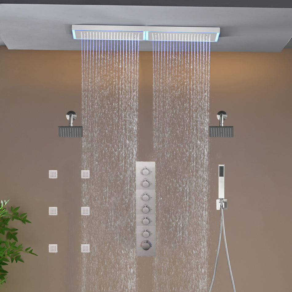 Flush Mount 32 x 8 inch Rainfall 64 LED Light Shower Head with 6-Way Thermostatic Faucet and High-Pressure Dual Regular Heads,6 body jets