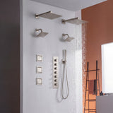 matte black or brushed gold or brushed nickel dual rainfall head 6 way  shower faucet with dual 6'' regular heads and 4'' body jets
