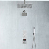 Brushed Nickel Rainfall Shower Head System: Available in 12'' or 16'', Optional LED Light, High Pressure, 3-Way Thermostatic Faucet, Simultaneous or Separate Functionality, with Optional Digital Display