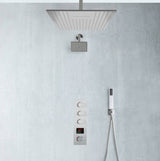Brushed Nickel Rainfall Shower Head System: Available in 12'' or 16'', Optional LED Light, High Pressure, 3-Way Thermostatic Faucet, Simultaneous or Separate Functionality, with Optional Digital Display
