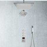 Brushed Nickel Rainfall Shower Head System: Available in 12'' or 16'', Optional LED Light, High Pressure, 3-Way Thermostatic Faucet, Simultaneous or Separate Functionality, with Optional Digital Display