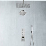 Brushed Nickel Rainfall Shower Head System: Available in 12'' or 16'', Optional LED Light, High Pressure, 3-Way Thermostatic Faucet, Simultaneous or Separate Functionality, with Optional Digital Display