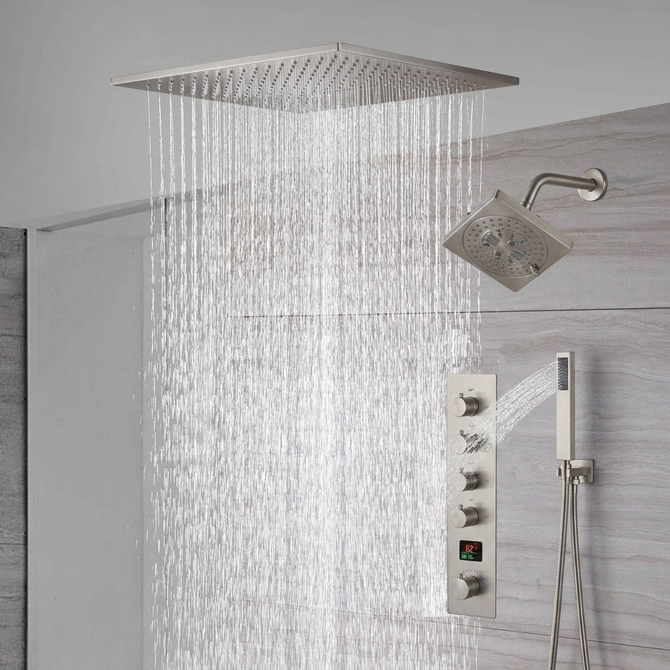 waterfall rainfall 20''  ceiling mounted brushed nickel 4 way Digital display thermostatic shower faucets With regular head