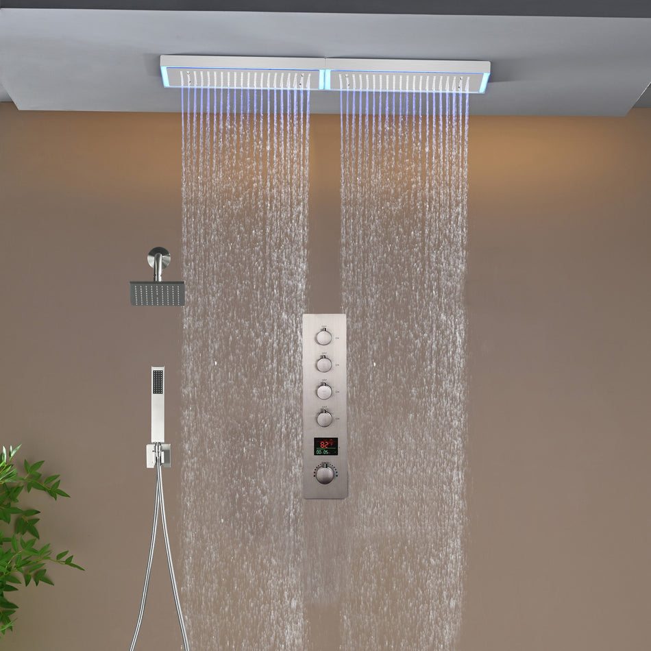 Flush Mount 32 x 8 inch Rainfall 64 LED Light Shower Head with 4-Way Thermostatic Faucet and High-Pressure Regular Heads