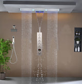 Flush Mount 48 x 8 inch Rainfall Waterfall 64 LED Light Shower Head with 5-Way Thermostatic Faucet and High-Pressure Wall Mount Regular Shower Head
