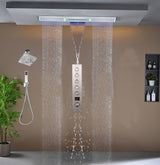 Flush Mount 48 x 8 inch Rainfall Waterfall 64 LED Light Shower Head with 5-Way Thermostatic Faucet and High-Pressure Wall Mount Regular Shower Head