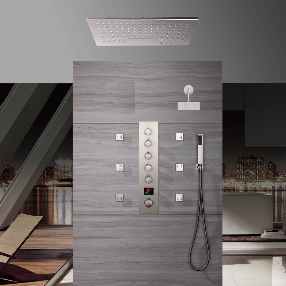 Brushed Nickel Ceiling-Mount 5-Way Thermostatic Shower Faucet: Featuring Digital Display, 6 Body Jets, Wall-Mounted 6-Inch Regular Shower Head, and 20-Inch LED Rain Waterfall Head