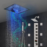 16-Inch Brushed Gold or brushed nickel or matte black Flush Mount rainfall waterfall Shower Faucet Set: 5-Way Thermostatic Control, 64-Color LED Lights, Bluetooth Music, and Regular Head, 6 Body jets