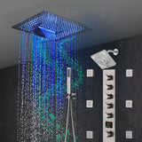 16-Inch Brushed Gold or brushed nickel or matte black Flush Mount rainfall waterfall Shower Faucet Set: 5-Way Thermostatic Control, 64-Color LED Lights, Bluetooth Music, and Regular Head, 6 Body jets