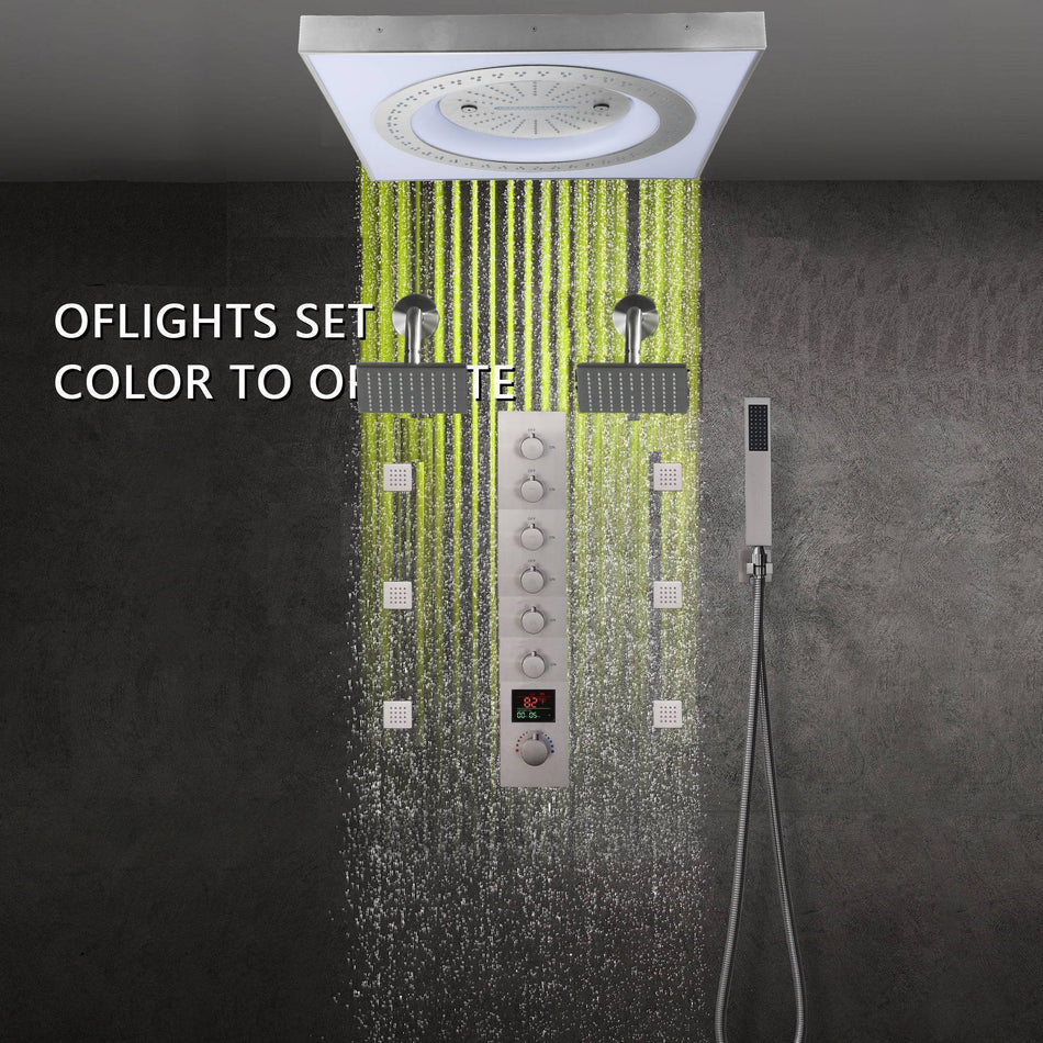 24" Flush LED Mount Rainfall Waterfall 6-Way Digital Shower System With Dual Regular Head and 6 Body Jets
