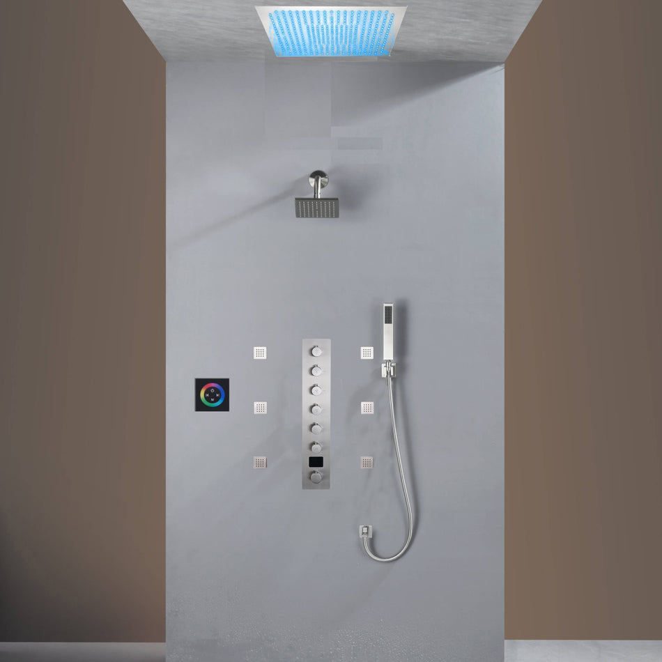 Flush Mount Shower Faucet Set with 6-Way Digital Thermostatic Control, 64-Color LED Lights