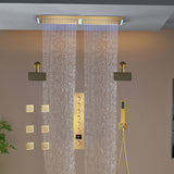 Flush Mount 32 x 8 inch Rainfall 64 LED Light Shower Head with 6-Way Thermostatic Faucet and High-Pressure Dual Regular Heads,6 body jets