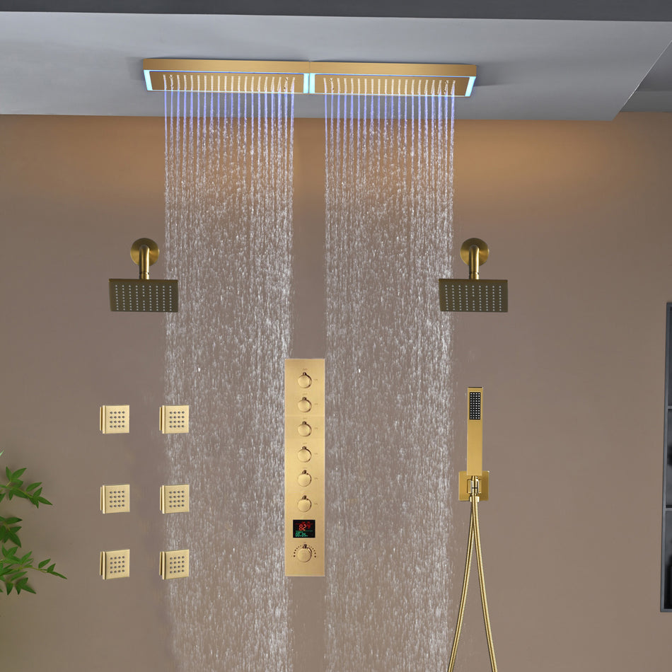 Flush Mount 32 x 8 inch Rainfall 64 LED Light Shower Head with 6-Way Thermostatic Faucet and High-Pressure Dual Regular Heads,6 body jets
