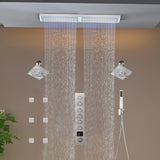 Flush Mount 32 x 8 inch Rainfall 64 LED Light Shower Head with 6-Way Thermostatic Faucet and High-Pressure Dual Regular Heads,6 body jets