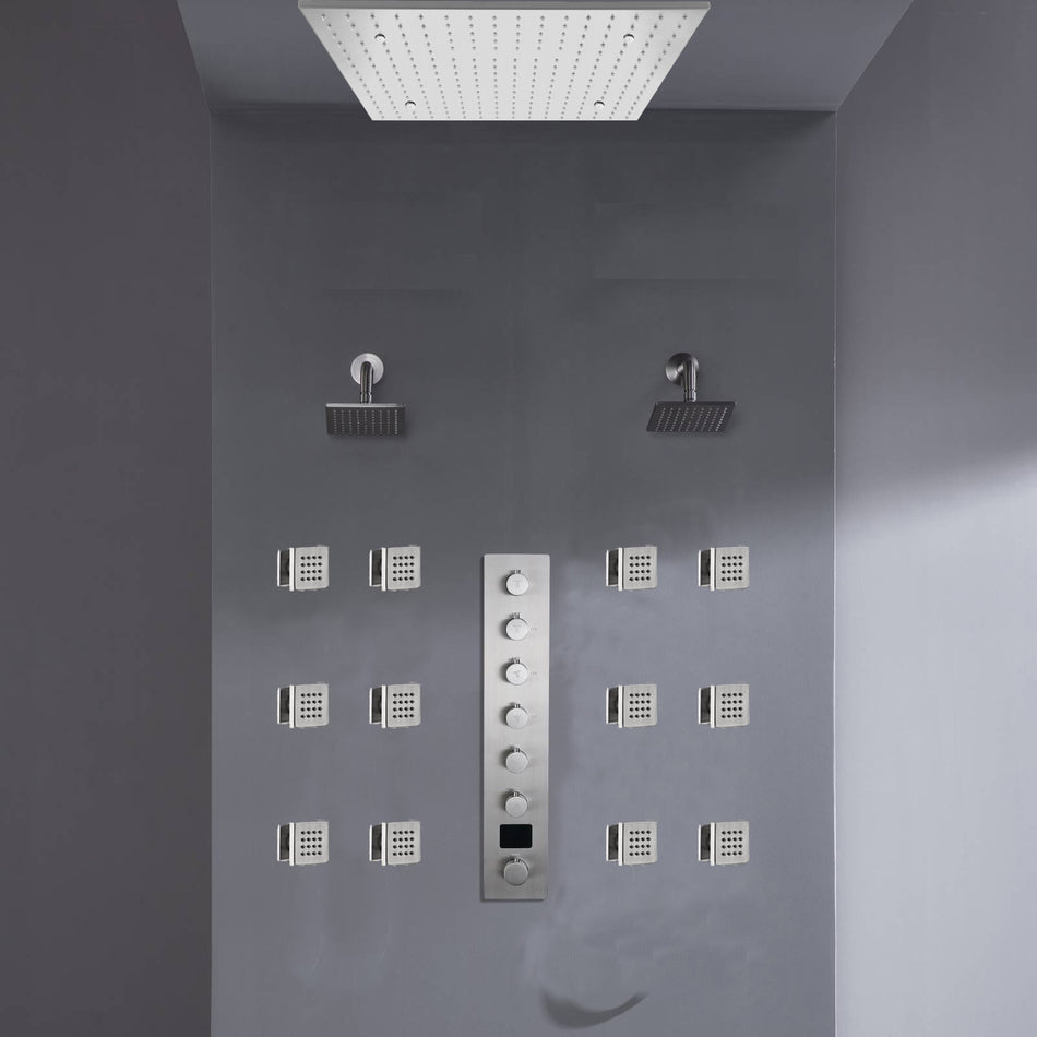 Ceiling mount 20 inch Rainfall Mist shower head 6 way Digital display thermostatic Shower Faucet with Dual Regular Heads and body jets